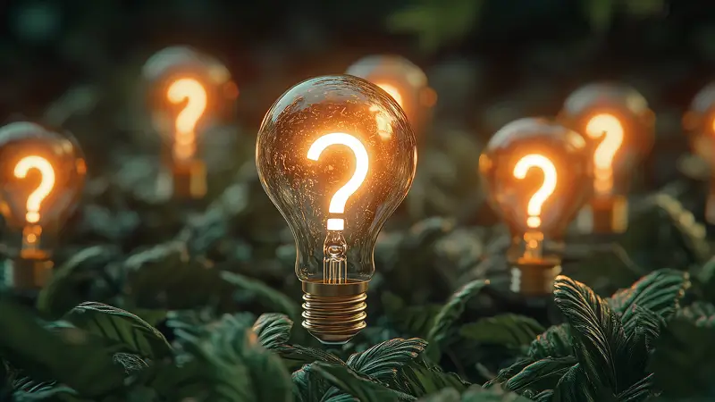 Mehrere Glühbirnen, in denen ein Fragezeichen leuchtet, Blätter im Hintergrund