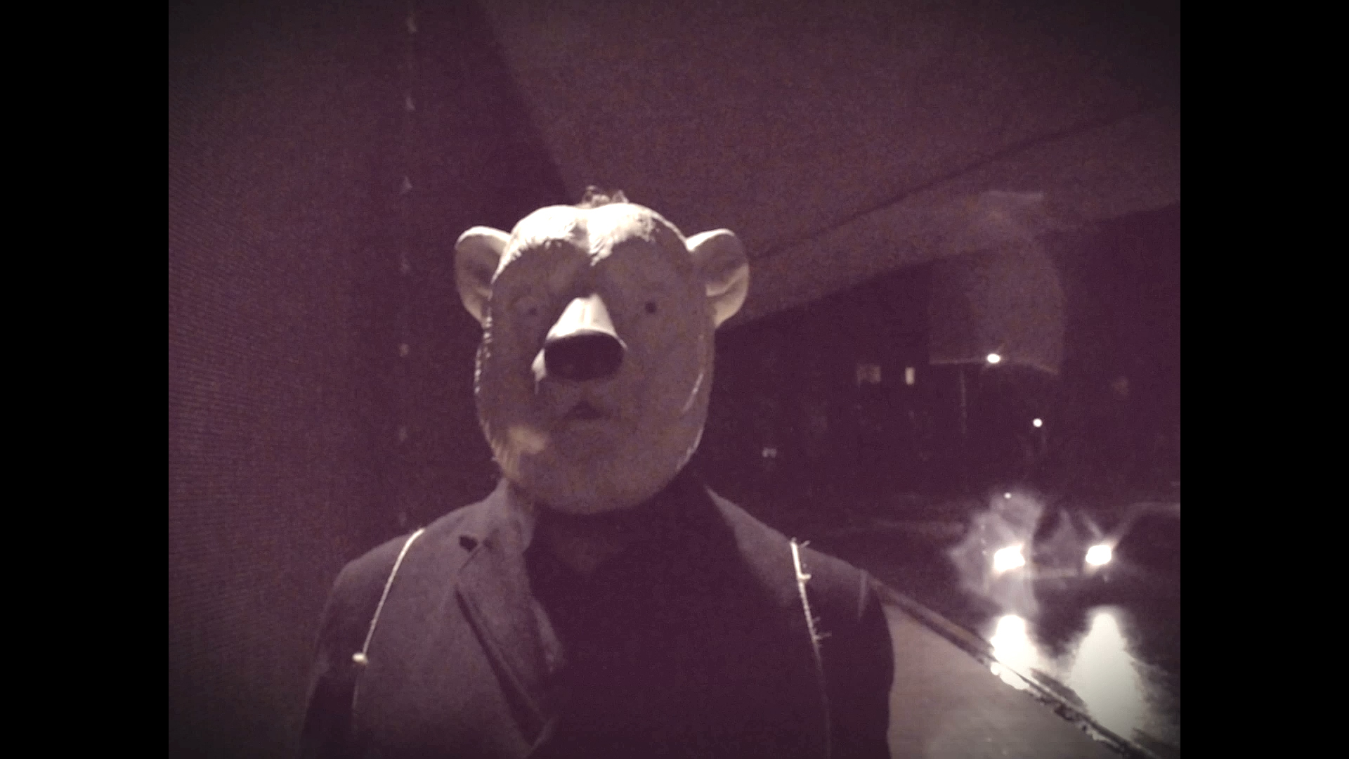 A snapshot of one of the band members of De Delvers dressed as a polar bear from the videoclip of "Poolnacht."