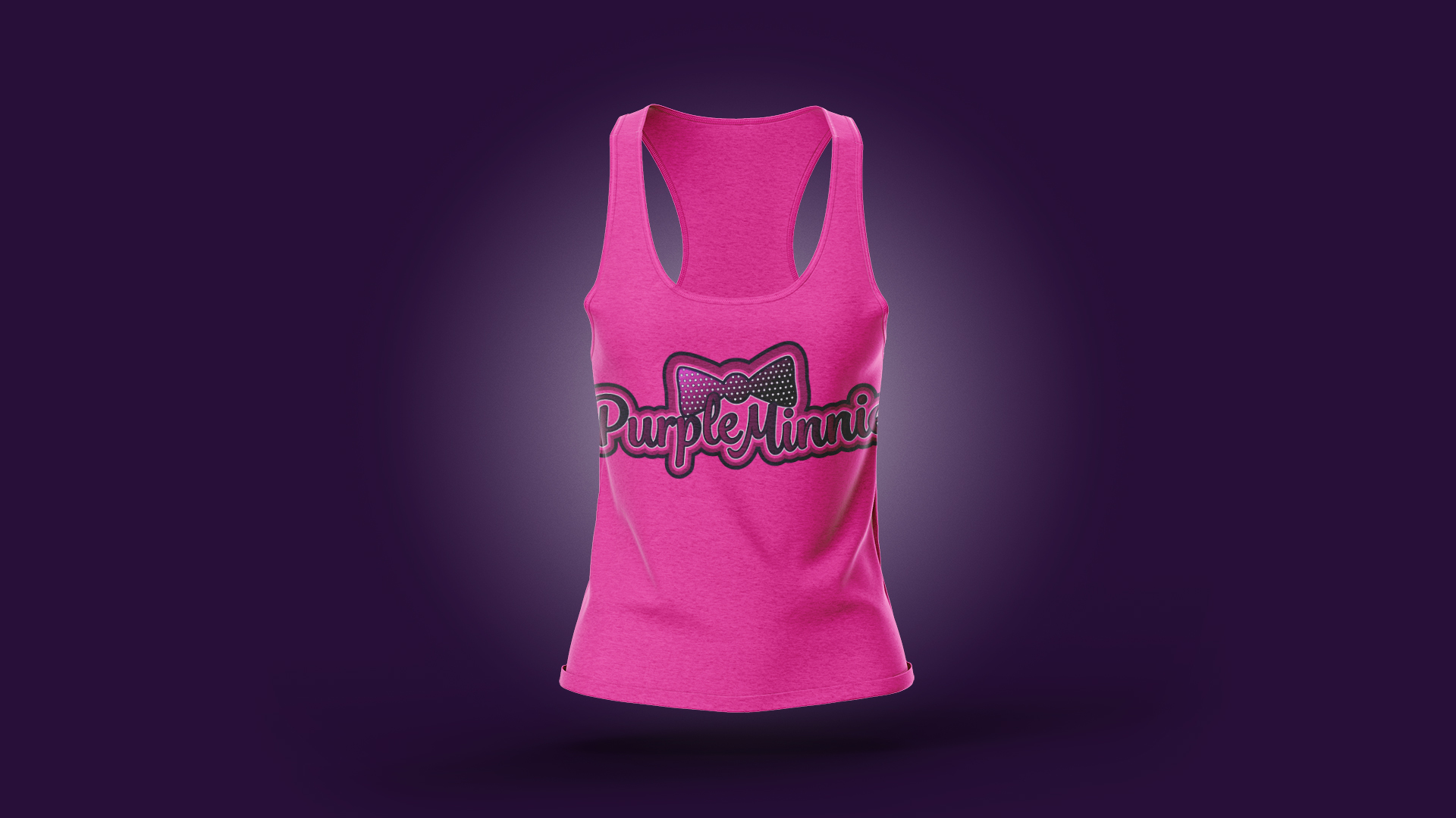 Purple Minnie logo printed on a pink tank top.