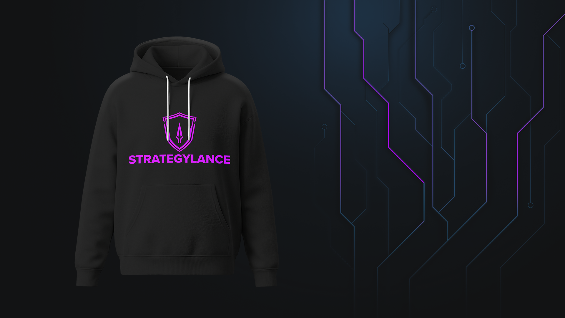 Purple Strategylance logo printed on a black hoodie.