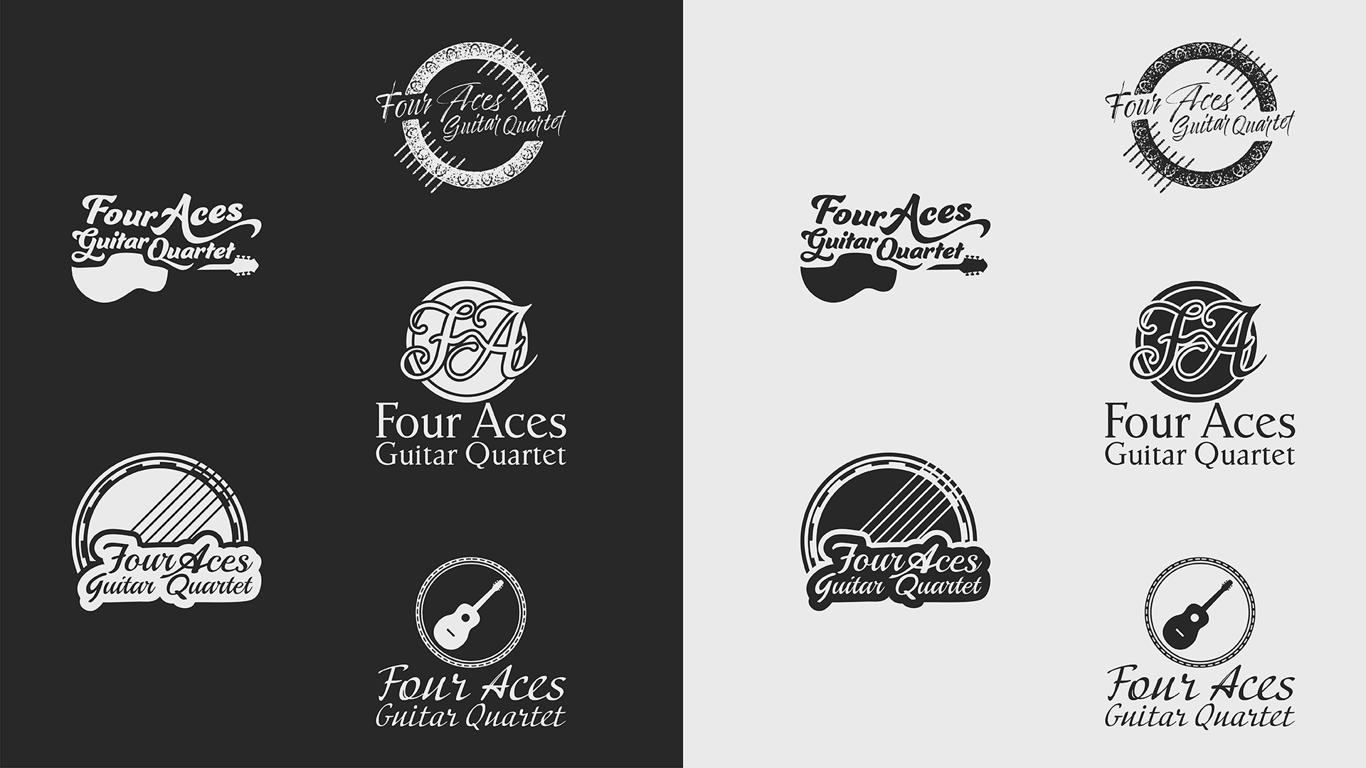 Several iterations for logos for the Four Aces guitar Quartet