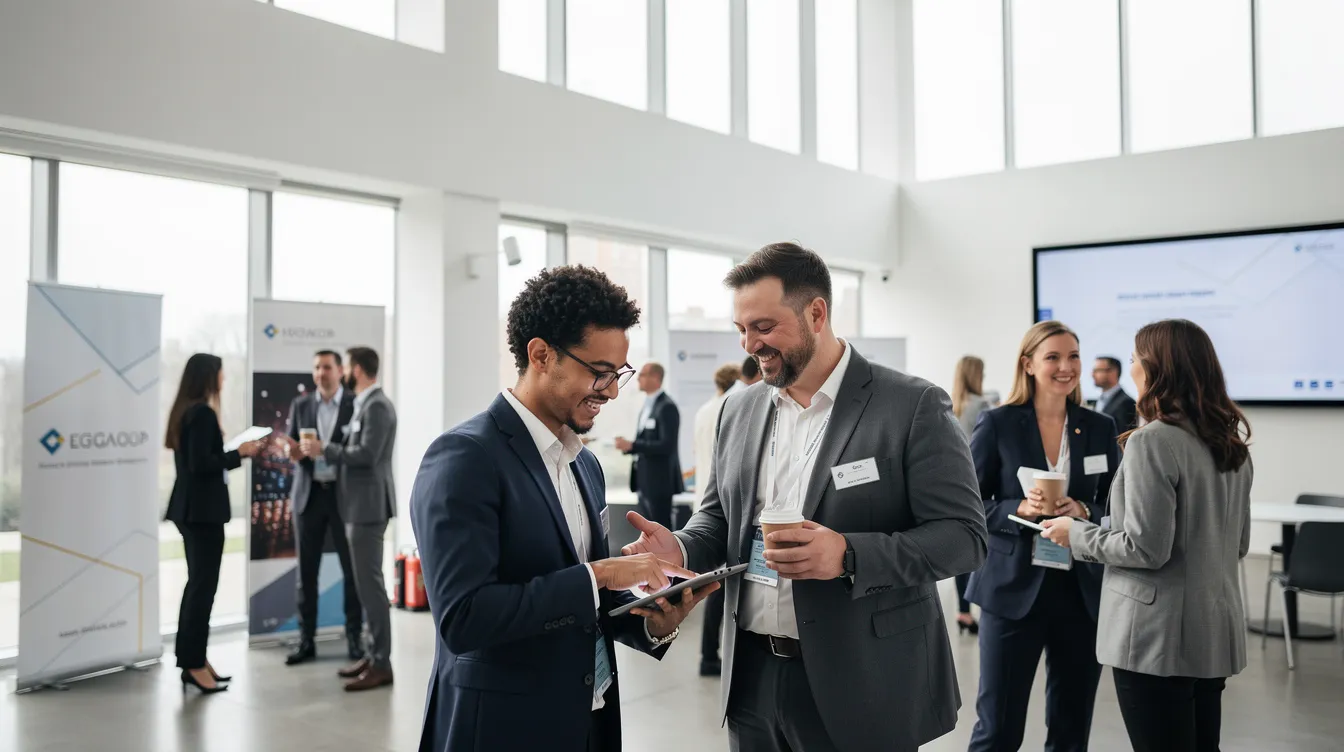 Des professionnels échangent dans un espace événementiel moderne, illustrant la dynamique d'un événement d'entreprise. L'atmosphère est conviviale et propice à la communication, favorisant les relations et la cohésion entre les participants.