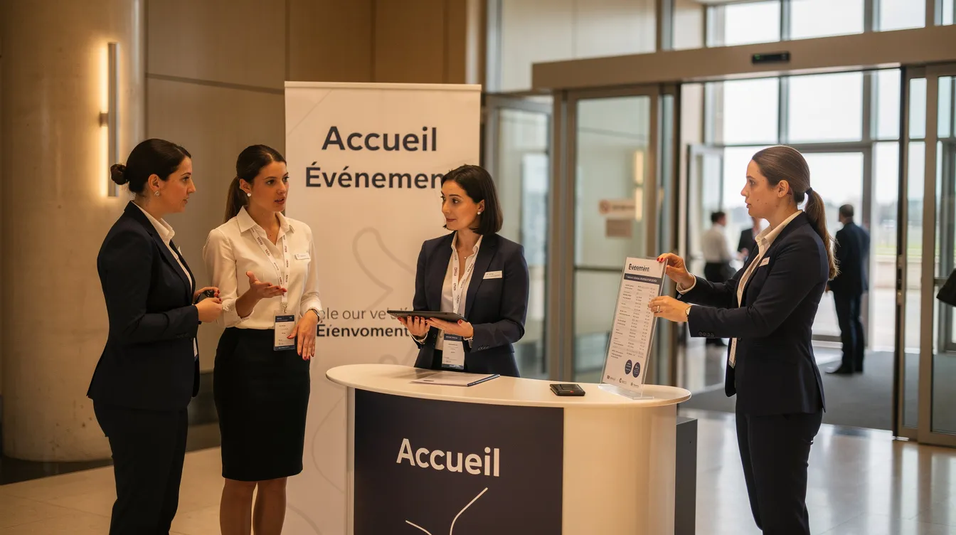 Une équipe événementielle est en train de coordonner l'accueil des invités lors d'un événement d'entreprise. Ils s'assurent que tout est en place pour garantir une expérience réussie et mémorable pour les participants.