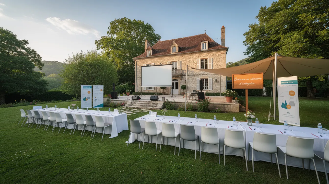L'image montre un domaine verdoyant soigneusement préparé pour un séminaire d'entreprise, avec des tables disposées en extérieur et des chaises alignées, créant un cadre idéal pour des événements professionnels. Des éléments de décoration élégants et des équipements audio-visuels sont visibles, soulignant l'organisation et la mise en place pour une expérience réussie.