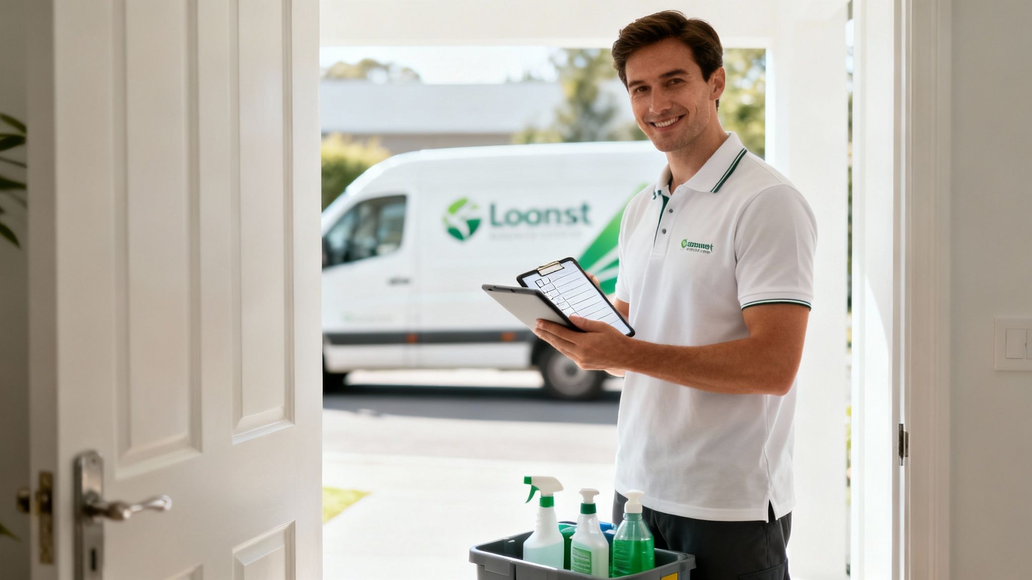 A friendly cleaning professional smiling while holding supplies, ready to work.