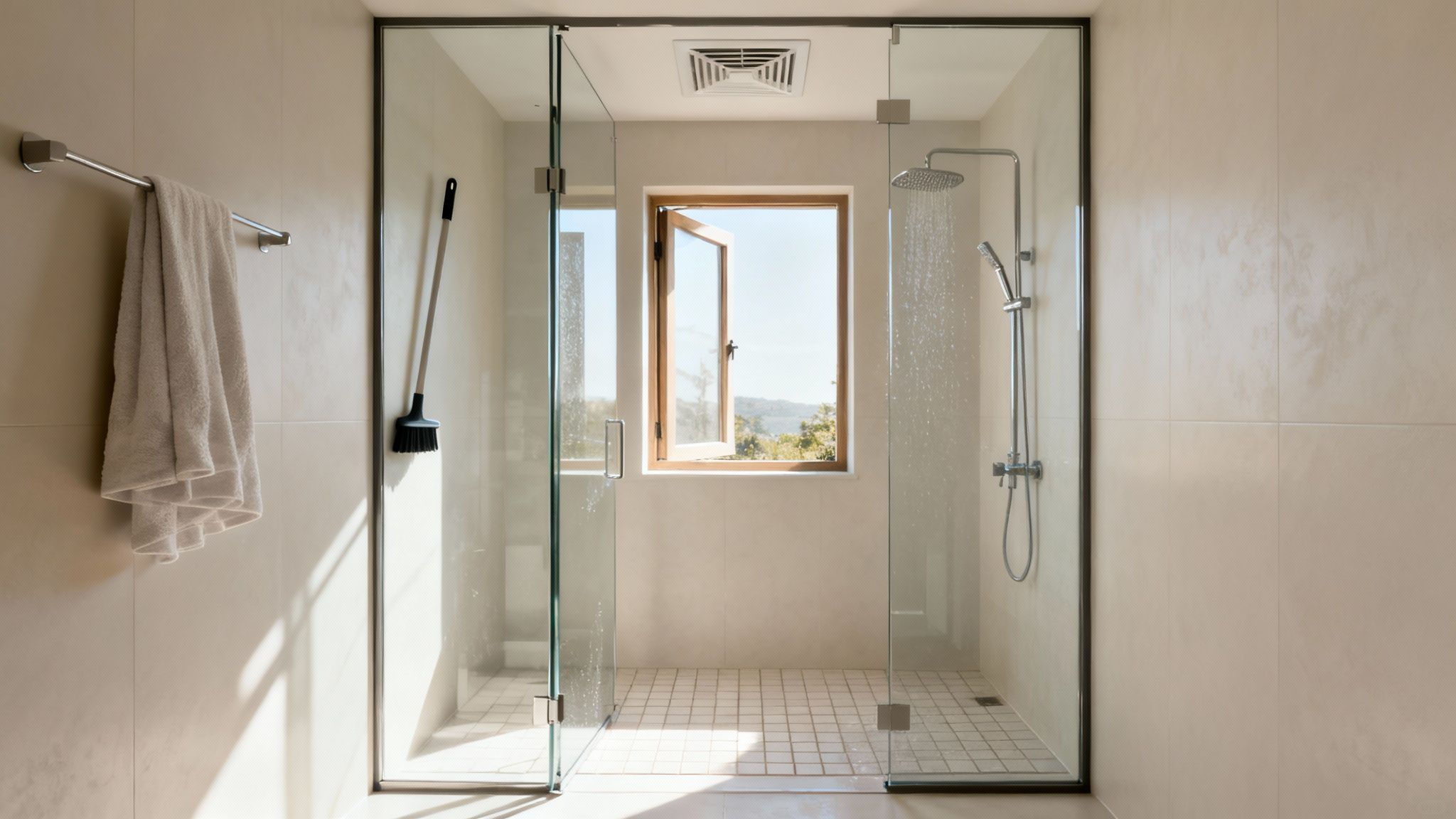 A bright, clean bathroom with a squeegee hanging in the shower, indicating preventative care.