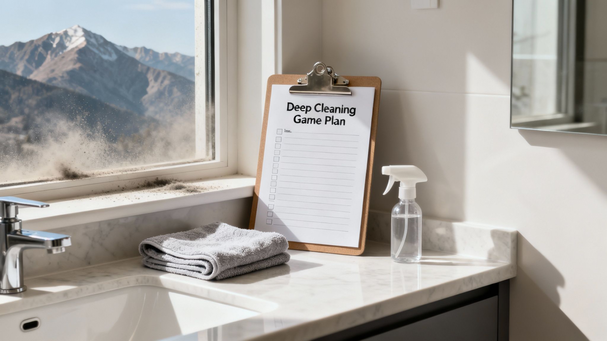 A modern bathroom with a clean white vanity and a large mirror, reflecting a well-lit, organized space.