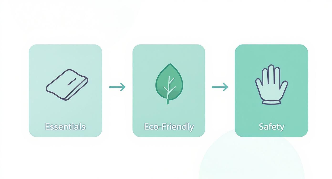 Infographic showing the process flow of cleaning supplies, starting with essentials like cloths, then eco-friendly options like a leaf icon, and finally safety gear like gloves.