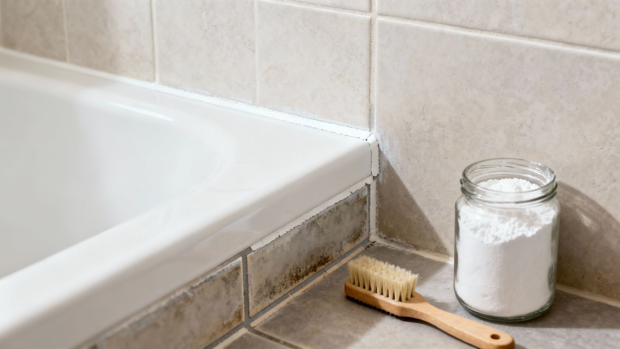 A close-up of a person's gloved hand scrubbing grout lines on a white tiled wall with a small brush.