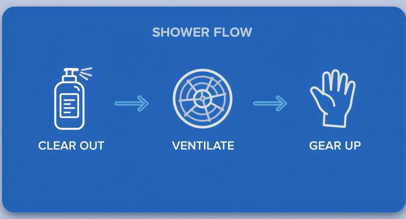Infographic showing the shower preparation steps Clear Out, Ventilate, and Gear Up.