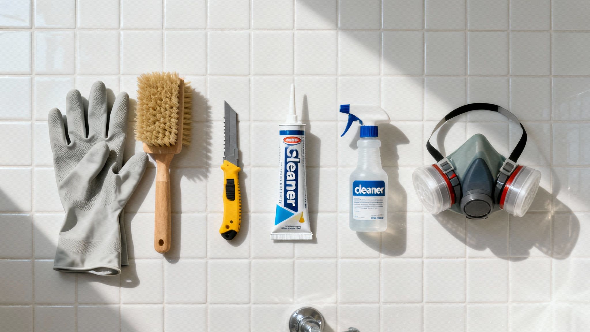Cleaning supplies laid out in a shower