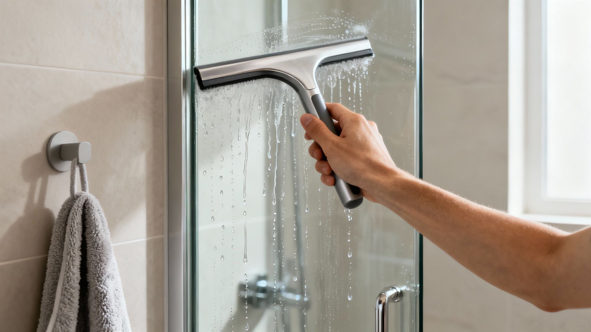 A person using a sponge to clean a glass shower door.