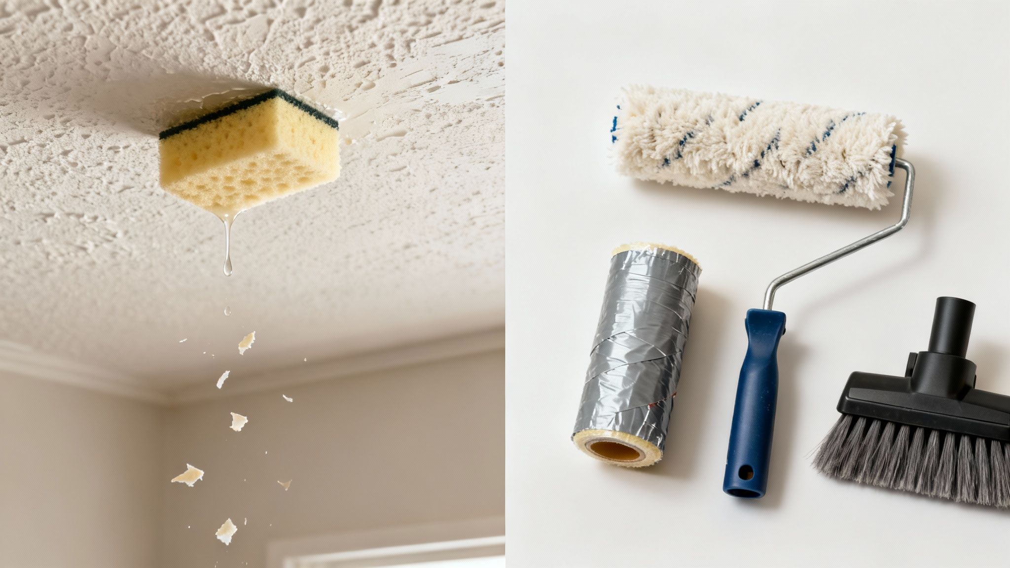 A person using a paint roller on a ceiling, demonstrating a DIY cleaning or painting project.