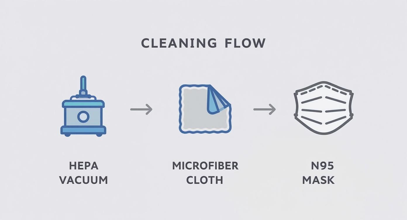 Three-step cleaning flow diagram showing HEPA vacuum, microfiber cloth, and N95 mask for dust removal