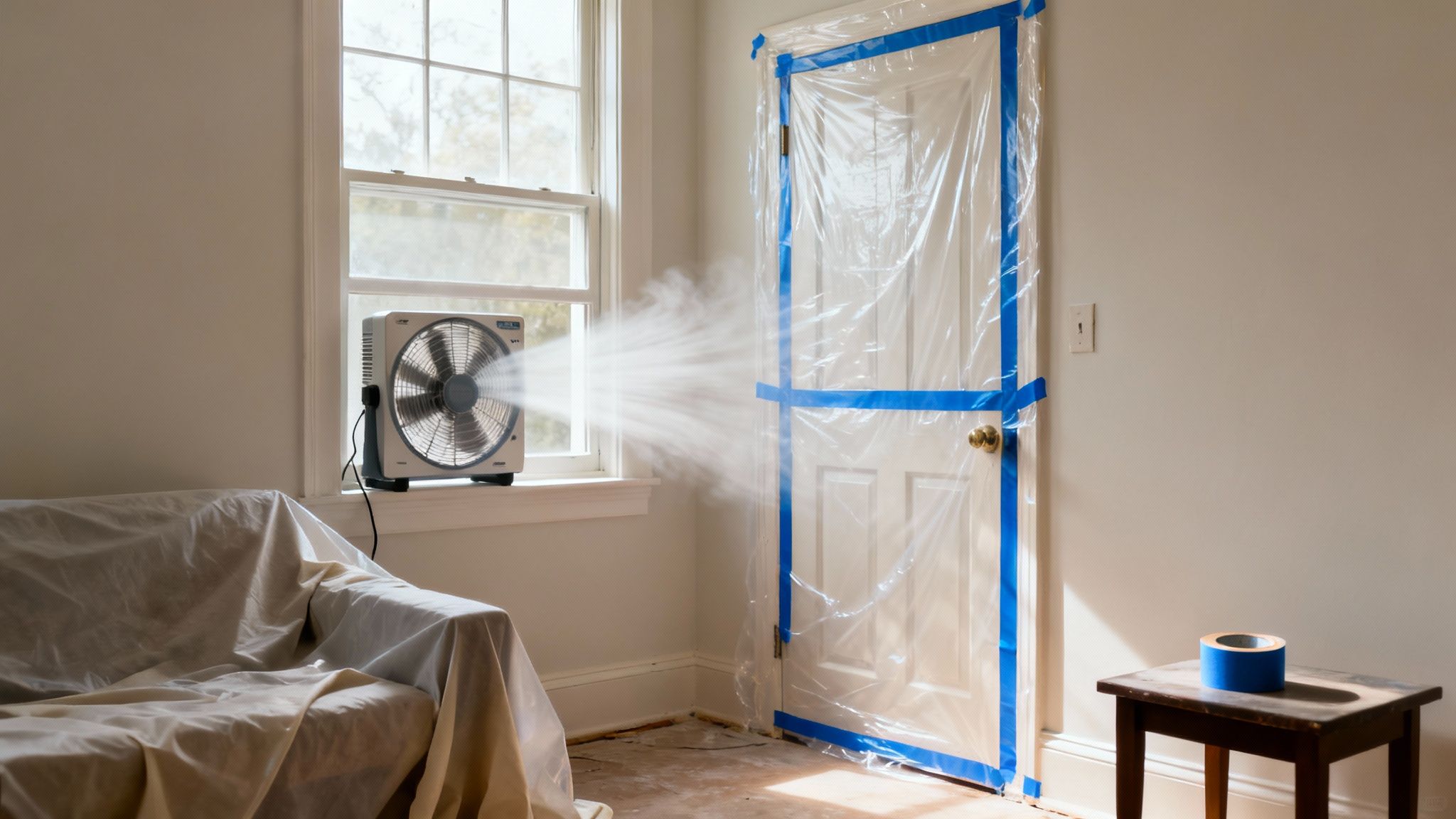 Box fan in window with plastic sheeting and blue tape sealing doorway for dust containment