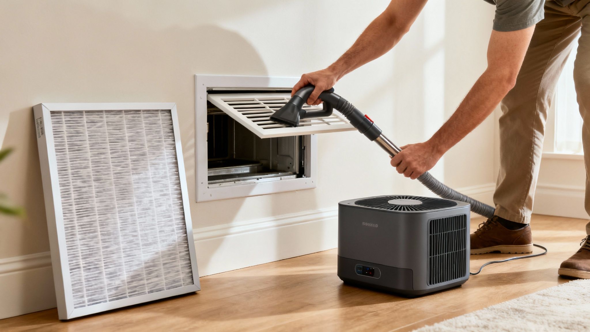 Person using vacuum attachment to clean air duct vent and remove drywall dust from HVAC system