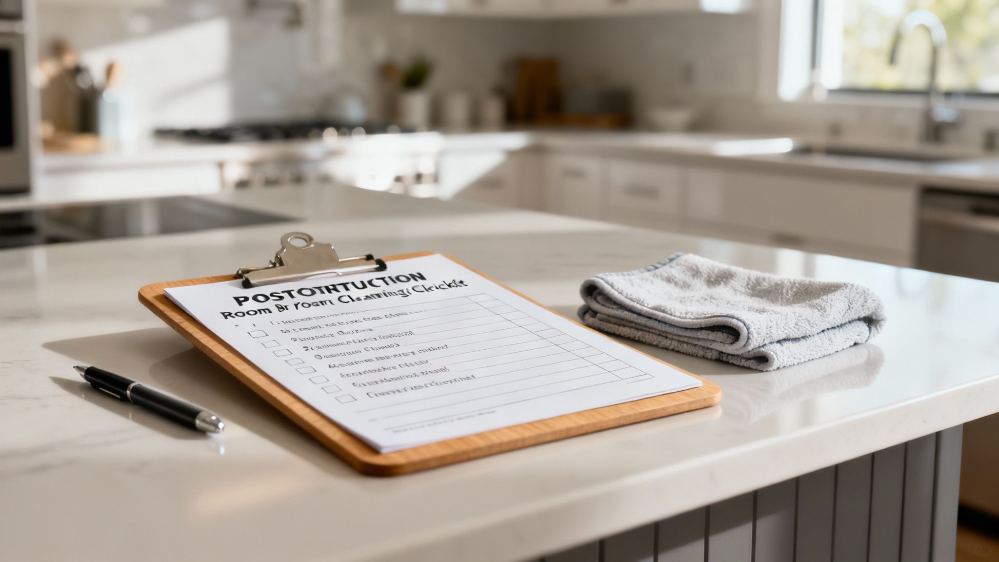 Post-construction cleaning checklist on clipboard with pen and towel in modern kitchen