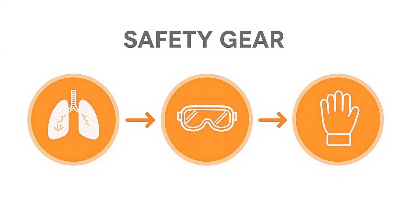 Safety gear infographic showing three orange circular icons with lungs, safety goggles, and protective gloves connected by arrows