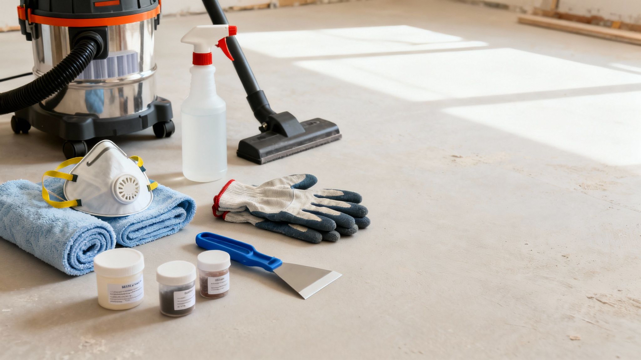 Post-construction cleaning supplies including vacuum cleaner, spray bottle, gloves, respirator mask, and towels on concrete floor
