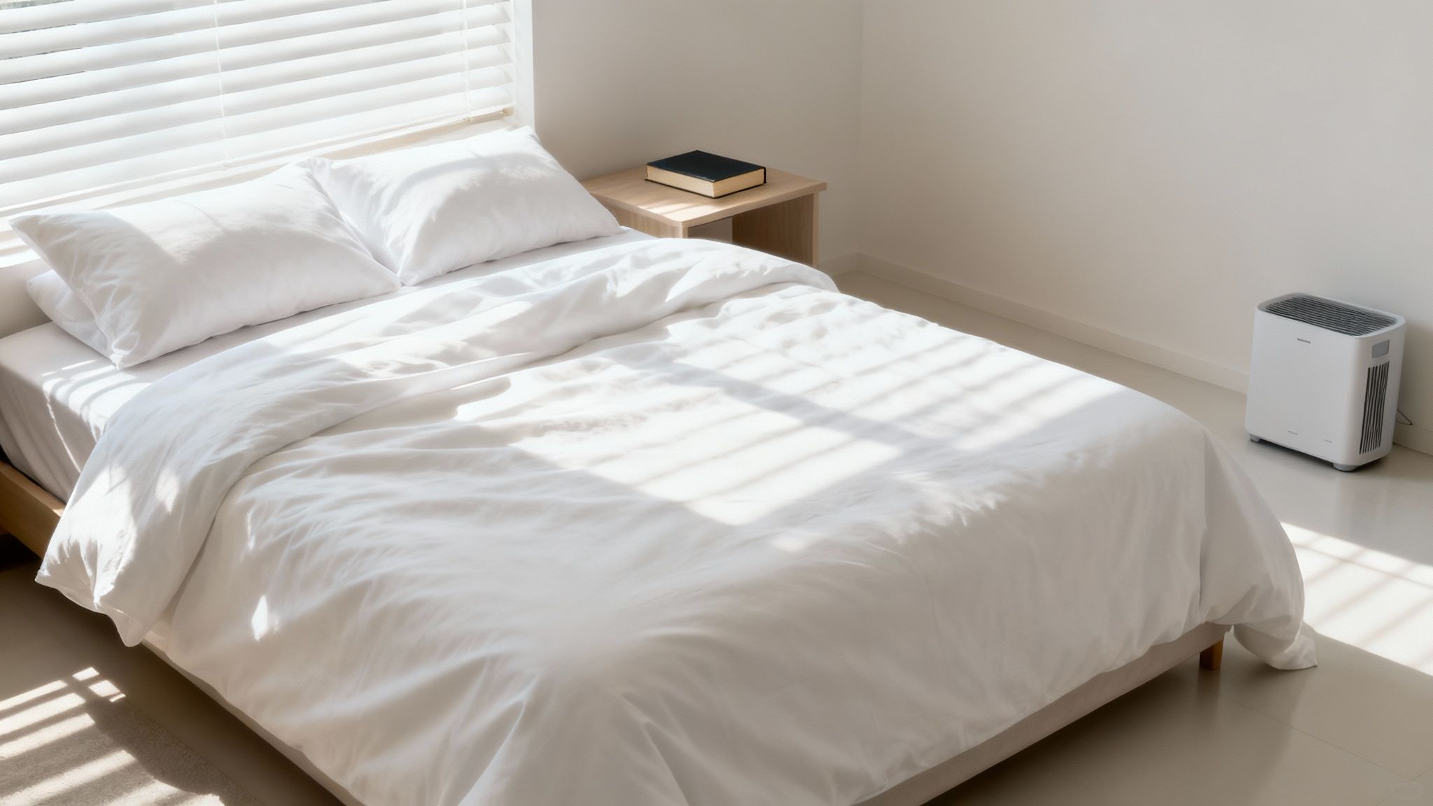 Minimalist bedroom with white bedding, wooden nightstand, and air purifier in sunlit room