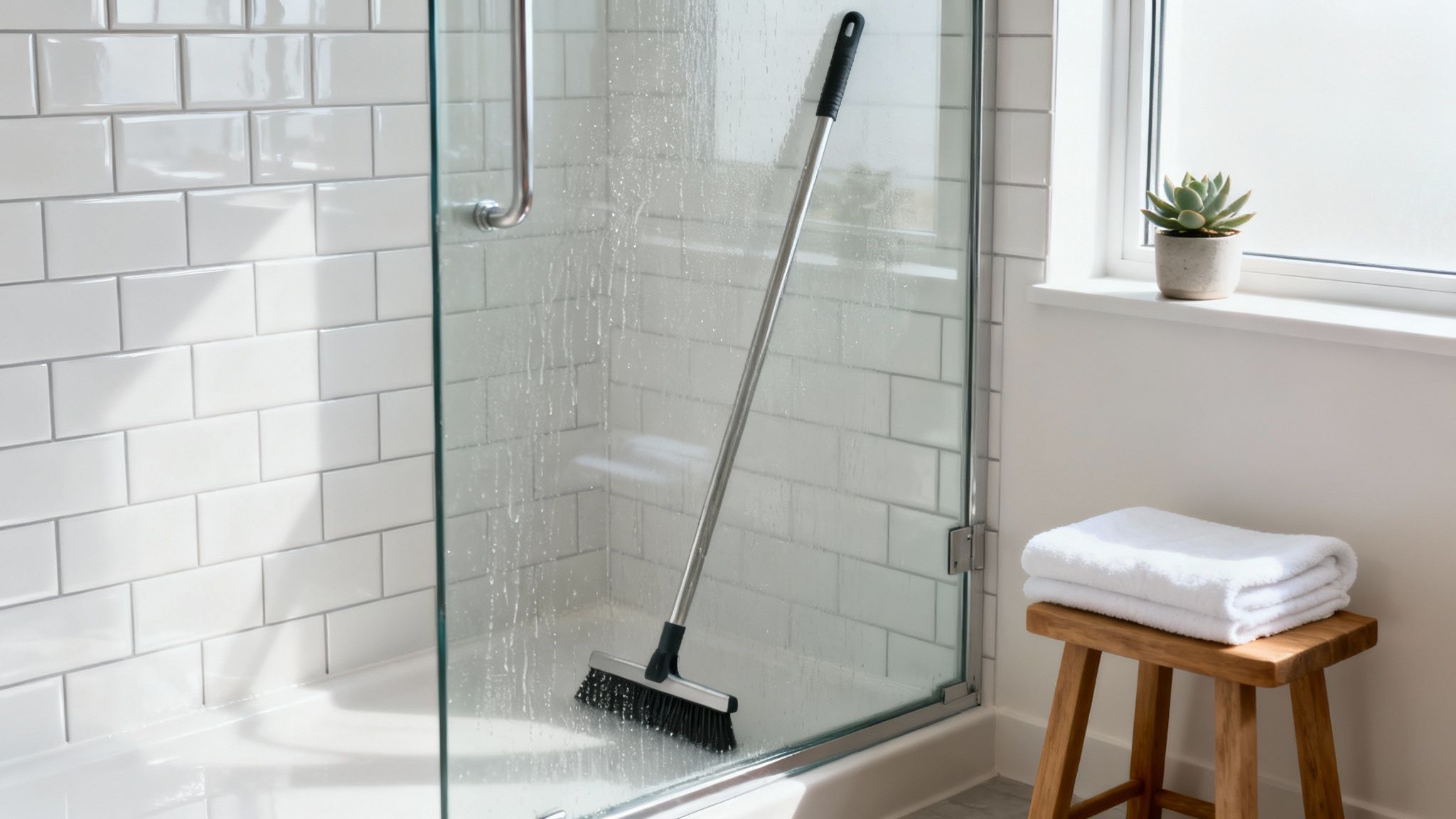Modern bathroom cleaning with long-handled brush on glass shower door and white subway tiles