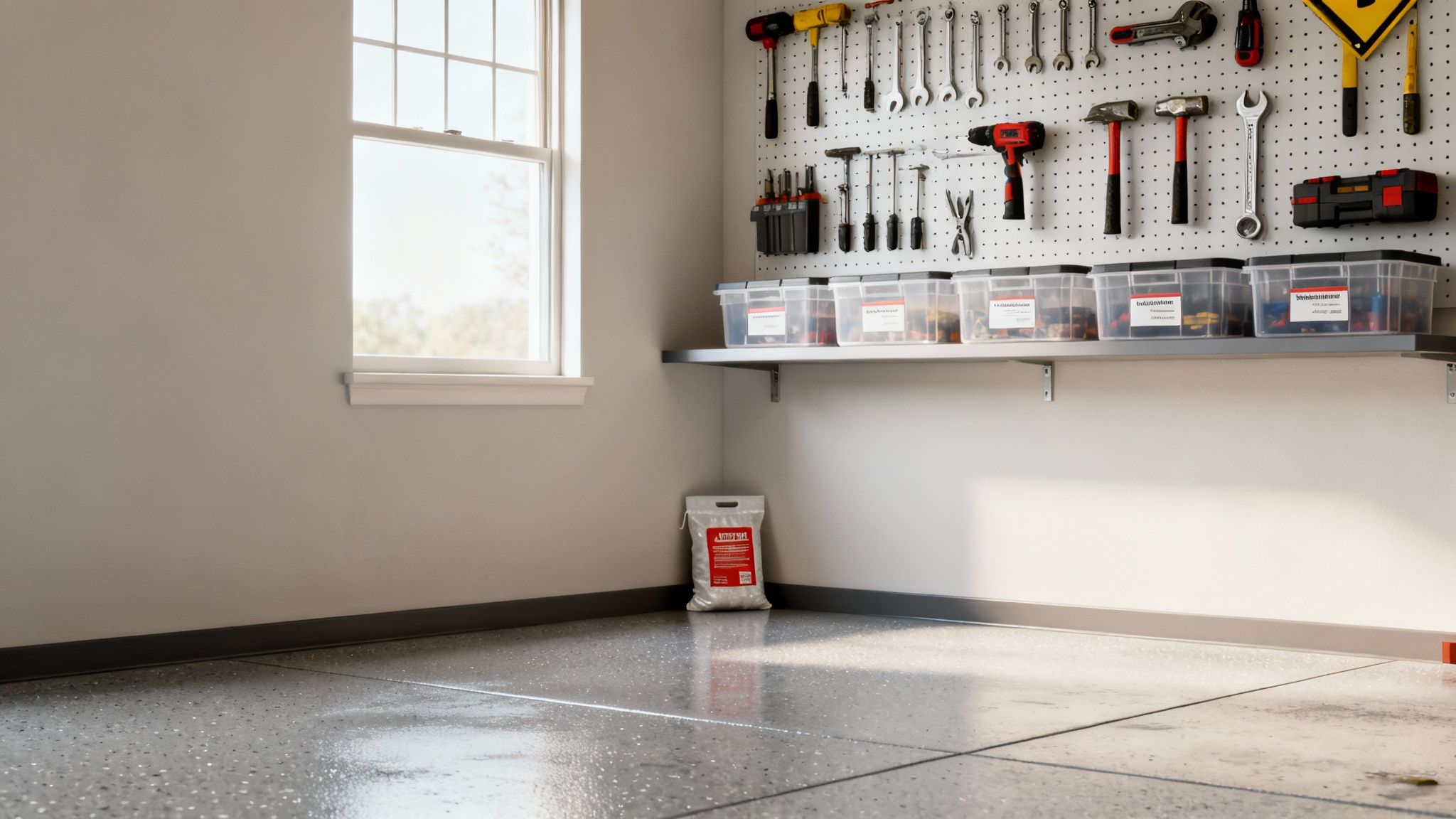Organized garage workshop with pegboard tools, storage bins, and clean epoxy floor
