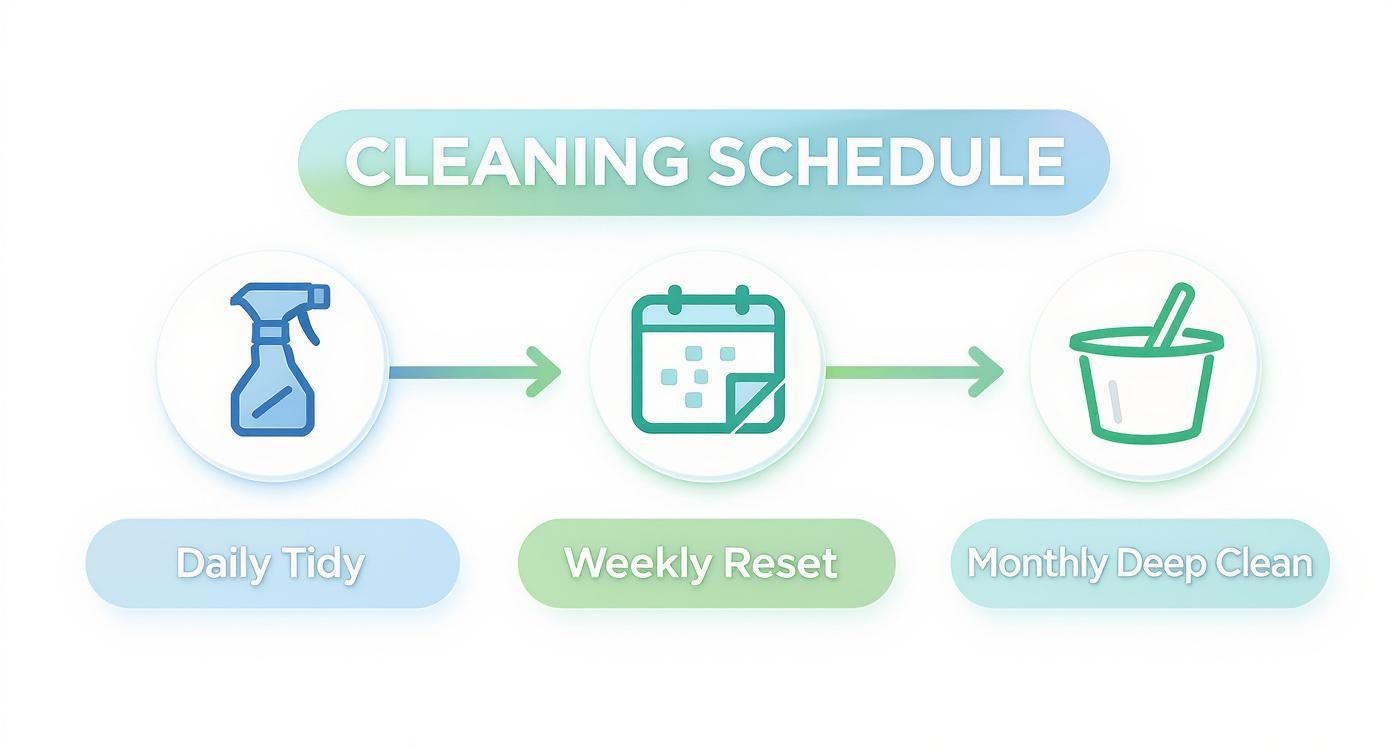 Cleaning schedule infographic showing three stages: daily tidy, weekly reset, and monthly deep clean with icons