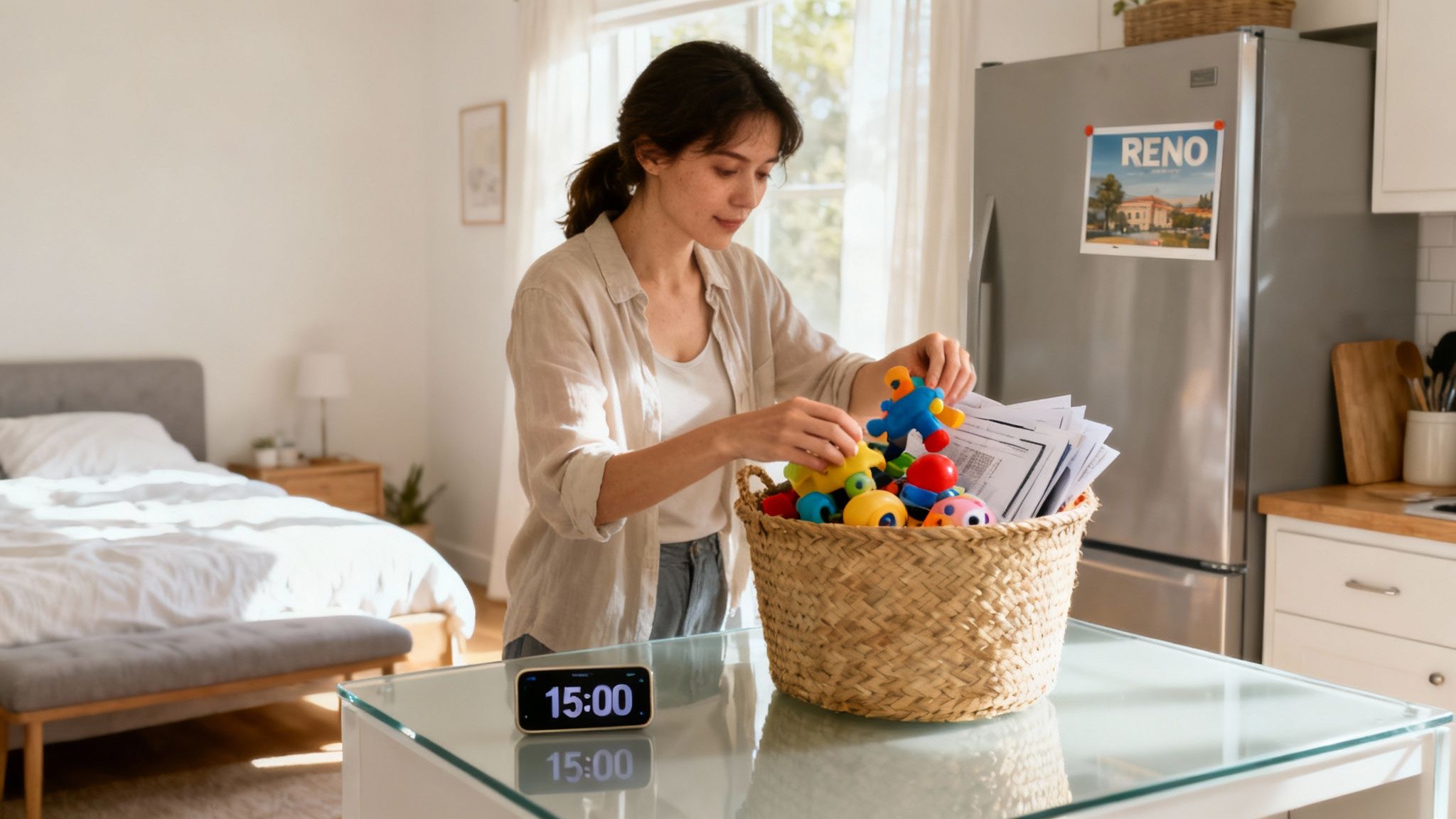 Woman organizing toys and papers in woven basket on glass table at 3pm