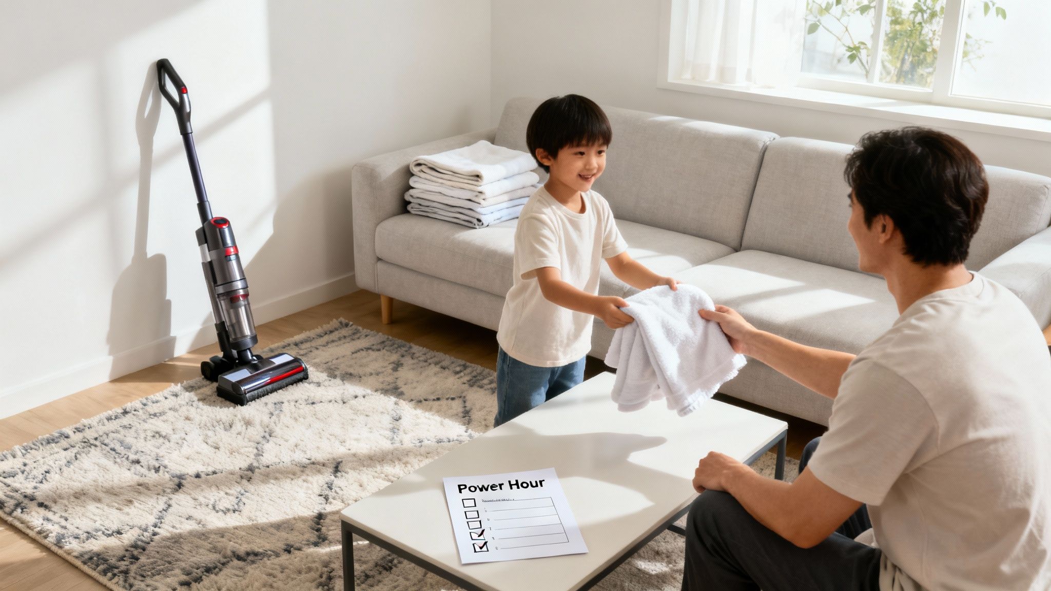 Father and son folding laundry together with vacuum cleaner and power hour checklist nearby