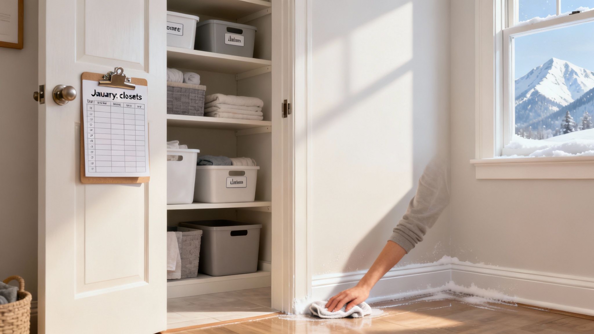 Woman cleaning hardwood floor near organized linen closet with cleaning schedule on door