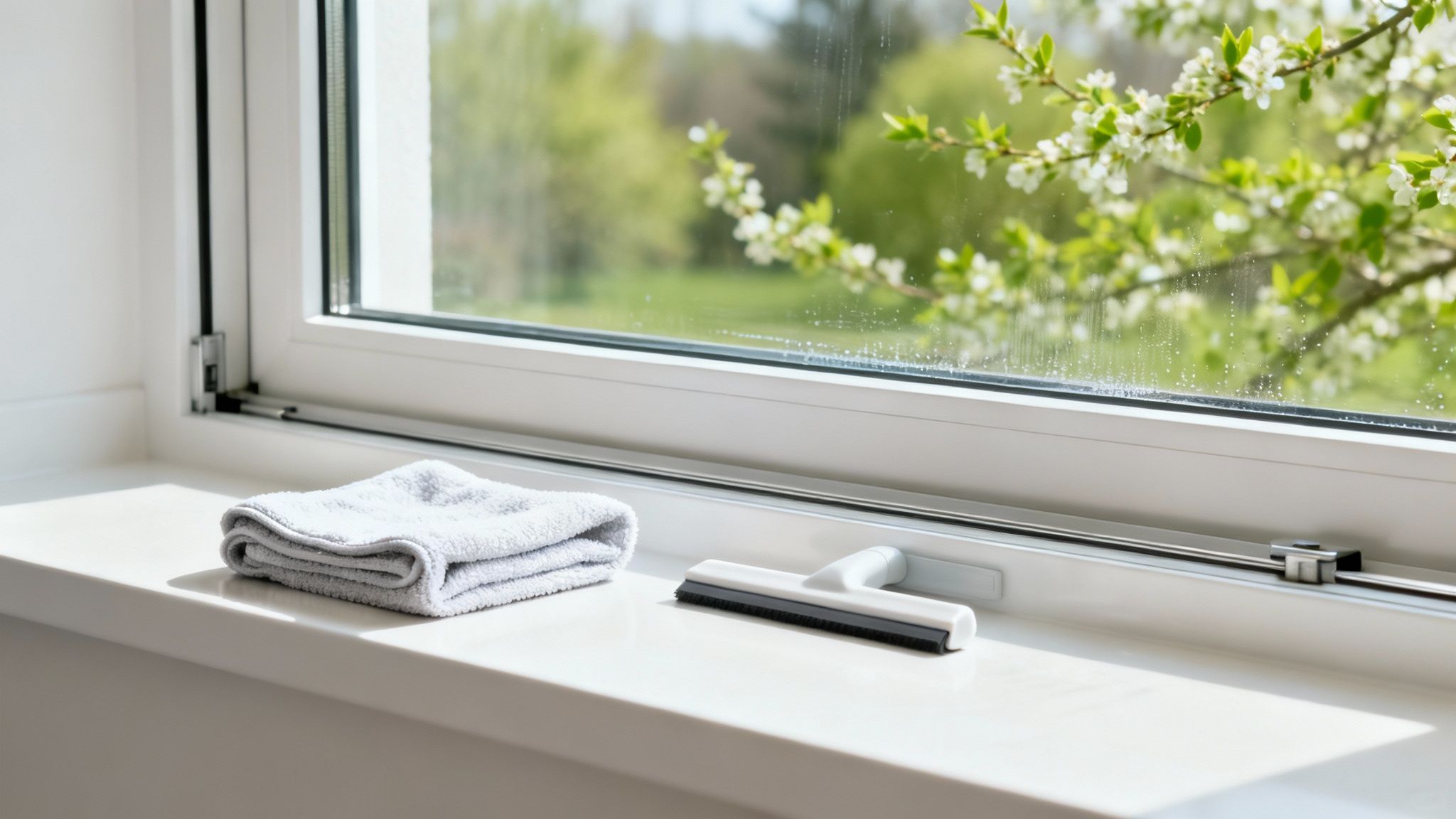 Clean window sill with folded microfiber cloth and squeegee tool for spring cleaning