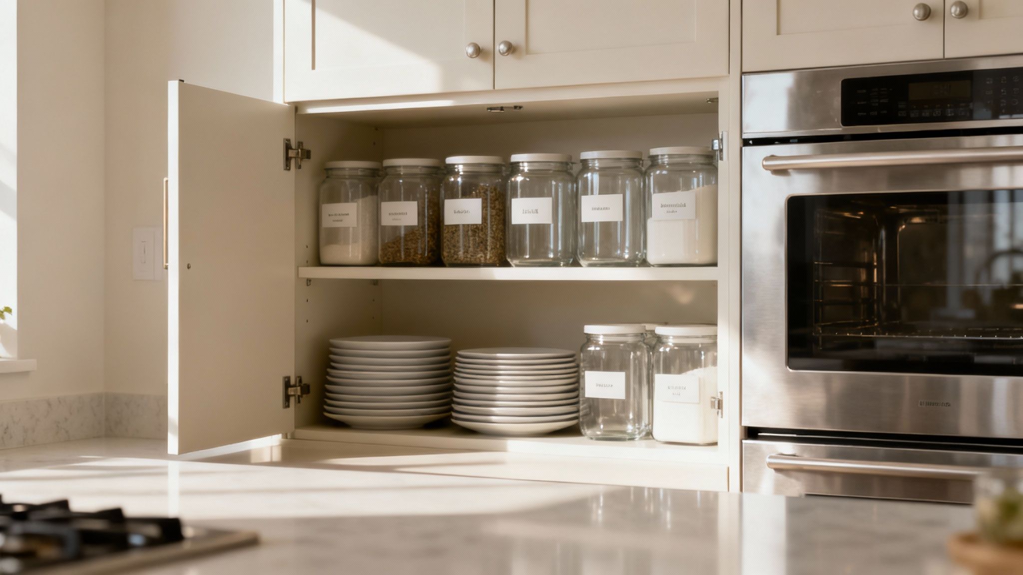 Organized kitchen cabinet with labeled glass jars and stacked plates on white shelves