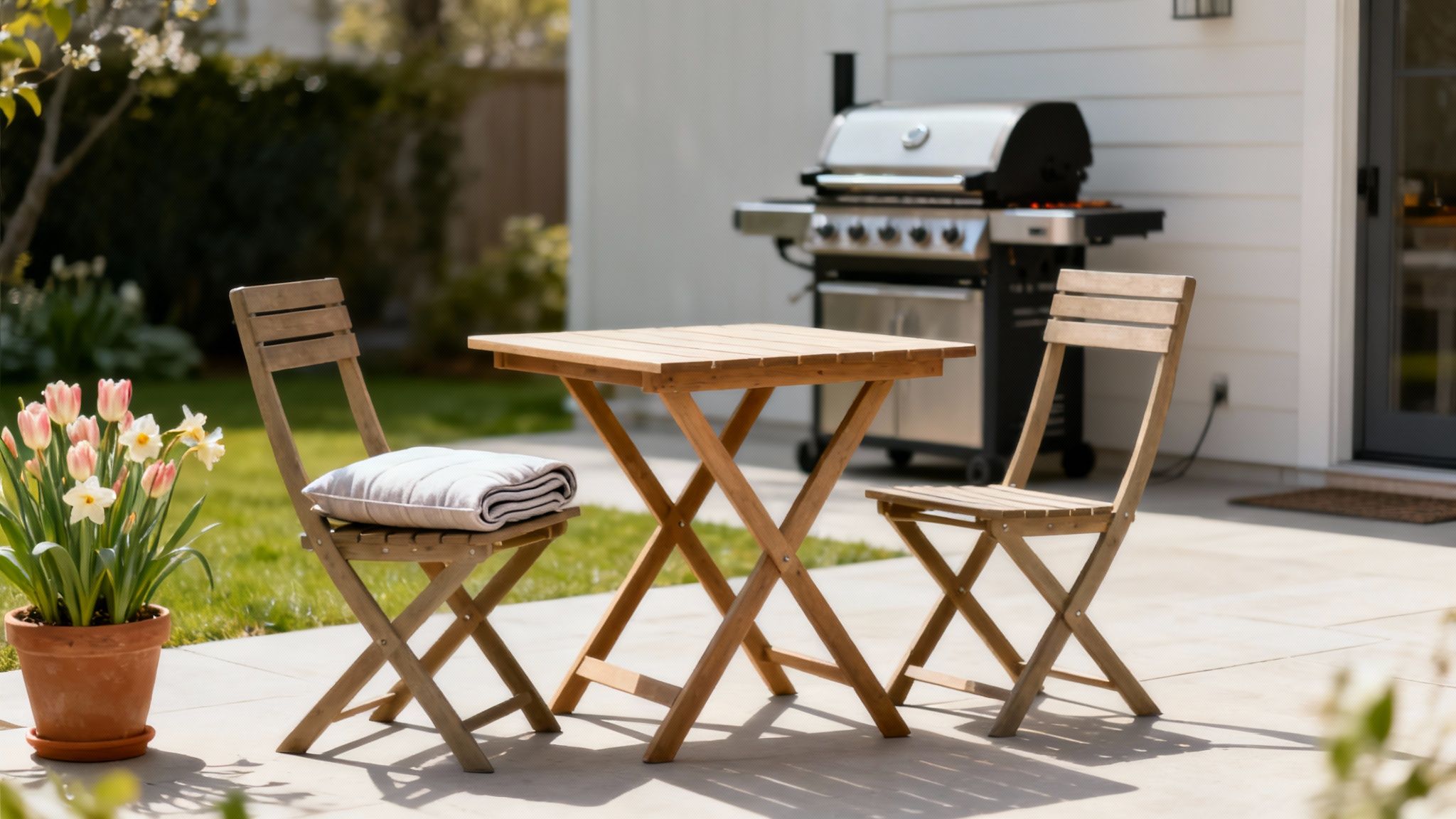 Wooden folding patio furniture set on sunny outdoor patio near barbecue grill and blooming flowers