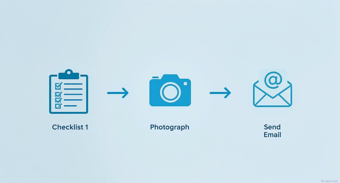 A blue infographic depicts a three-step process: Checklist 1, followed by Photograph, then Send Email.