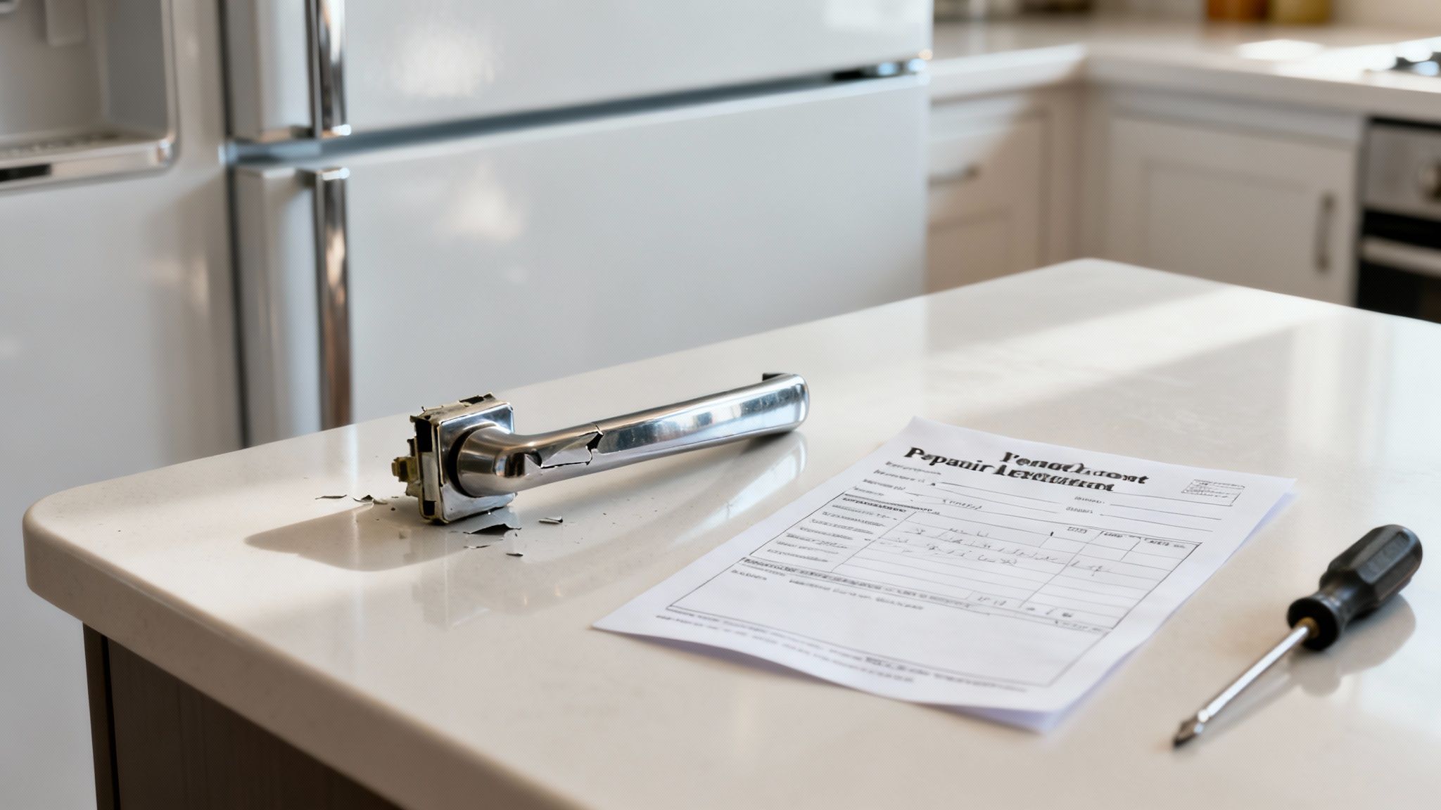 A broken silver door handle, a repair form, and a screwdriver on a white kitchen counter.