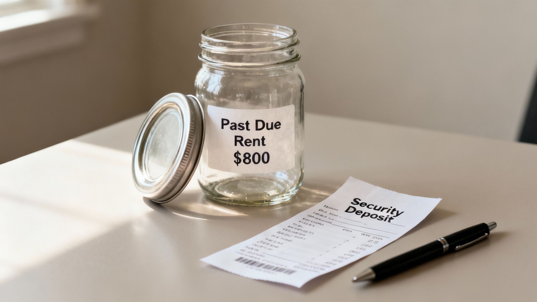 A glass jar labeled 'Past Due Rent $800' sits next to a 'Security Deposit' document and a pen on a table.