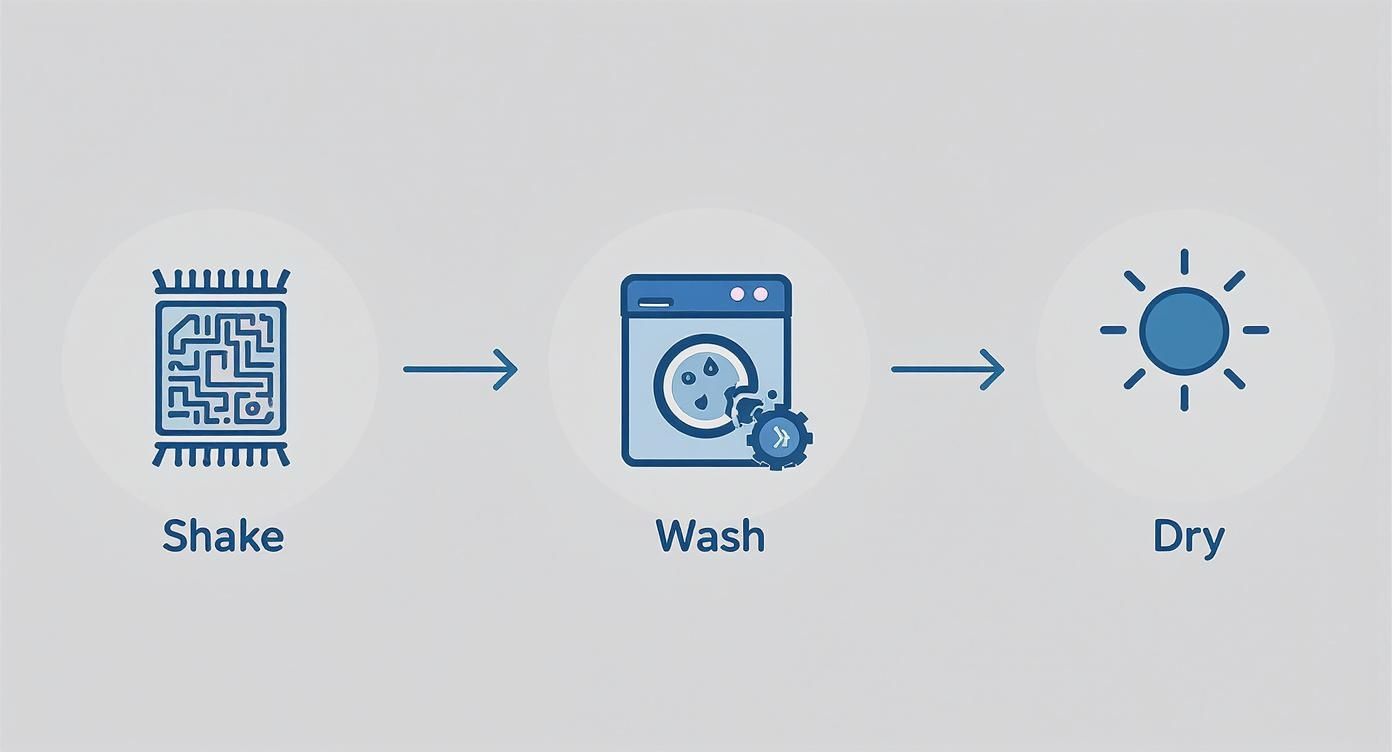 A visual guide showing three steps to clean a rug: shake, wash, and dry.