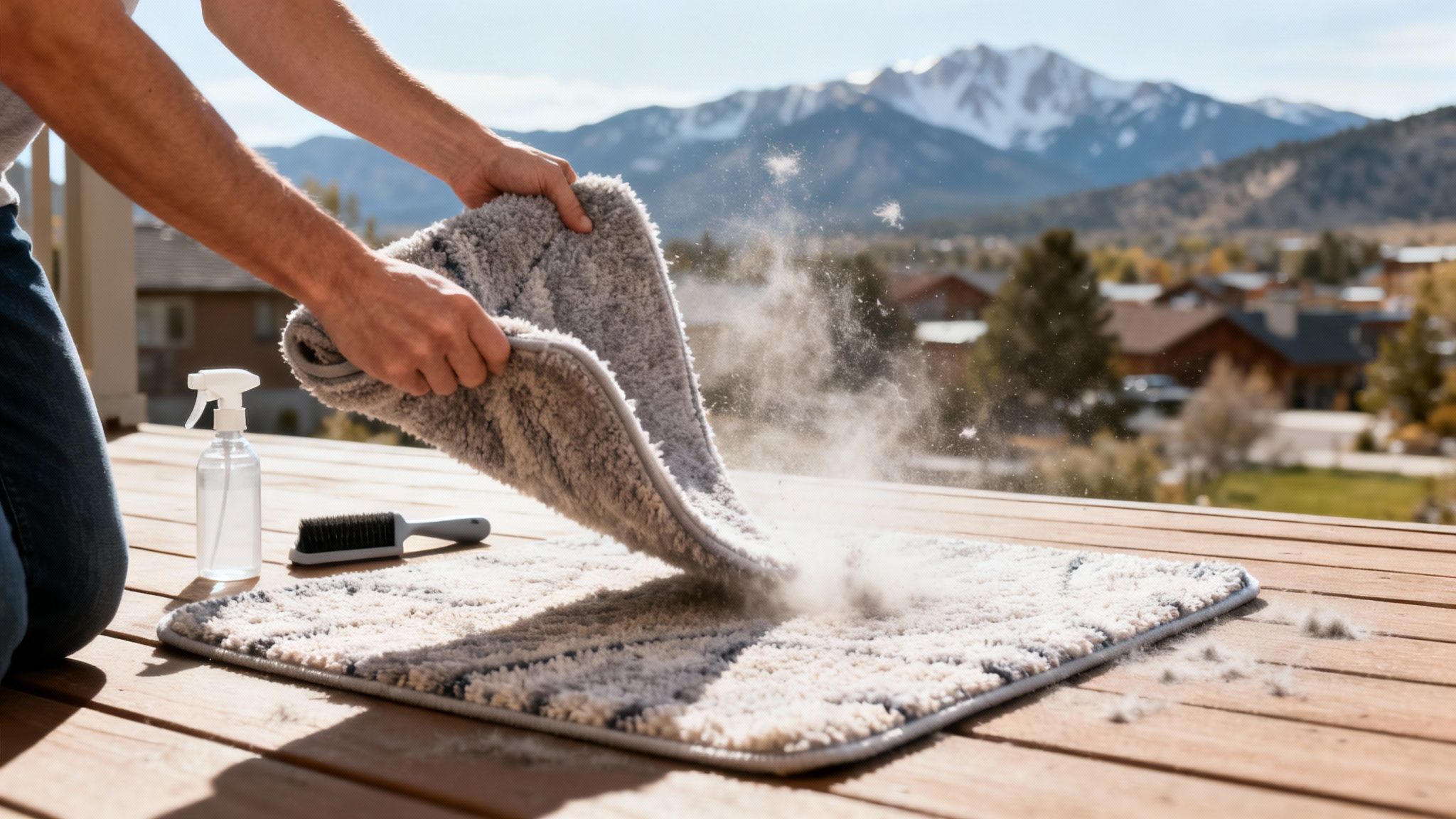 A person shakes a fluffy grey bathroom rug outdoors, releasing dust and lint, with cleaning supplies nearby.
