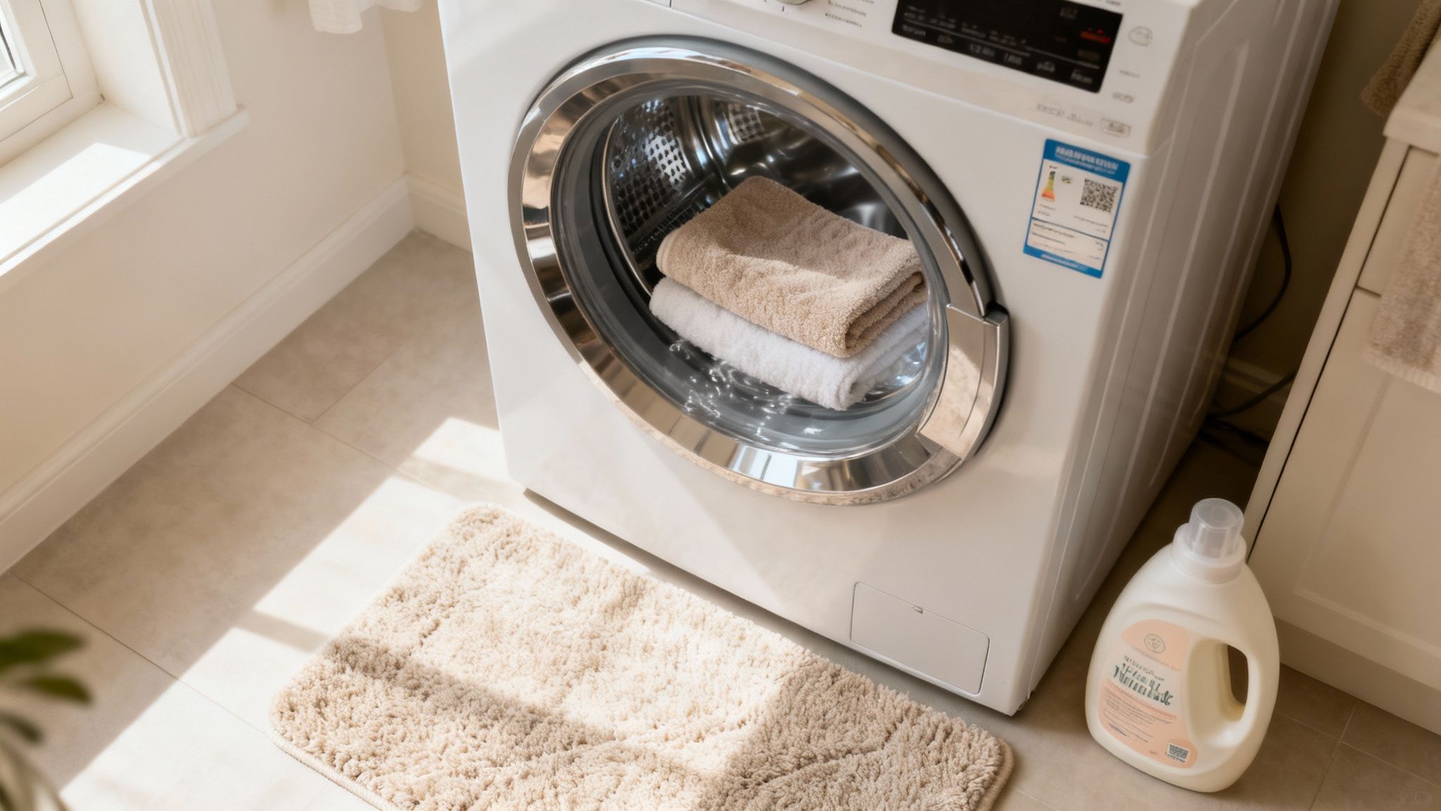 A clean white front-loading washing machine with two folded towels inside, a detergent bottle, and a beige bath mat on the floor.