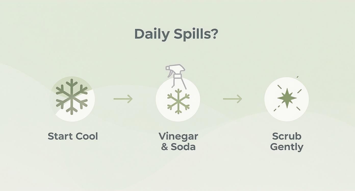 Three-step cleaning guide for daily spills: start cool, use vinegar and soda, then scrub gently.