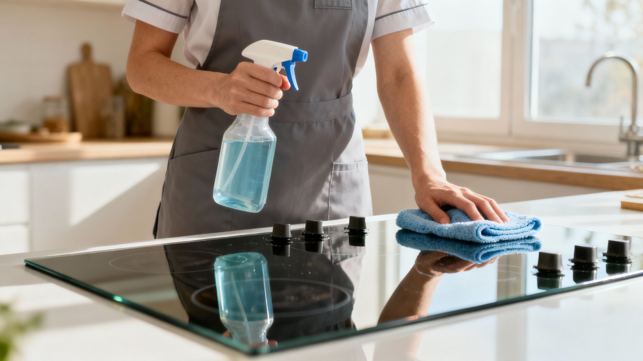 A person in an apron sprays and wipes a black glass stovetop with a blue cloth in a bright kitchen.