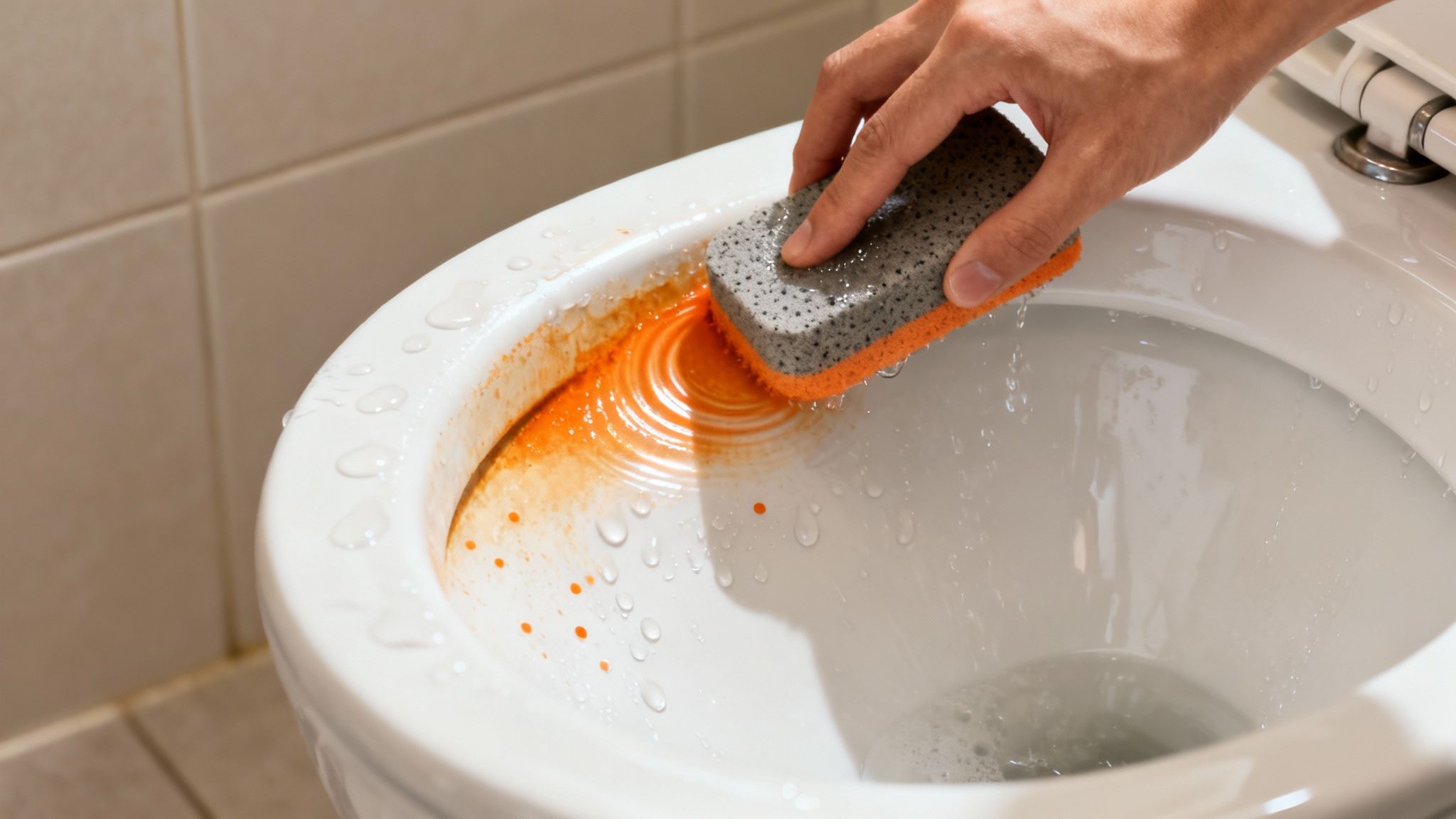 A hand scrubs a white toilet bowl with a gray and orange sponge, removing orange rust stains.