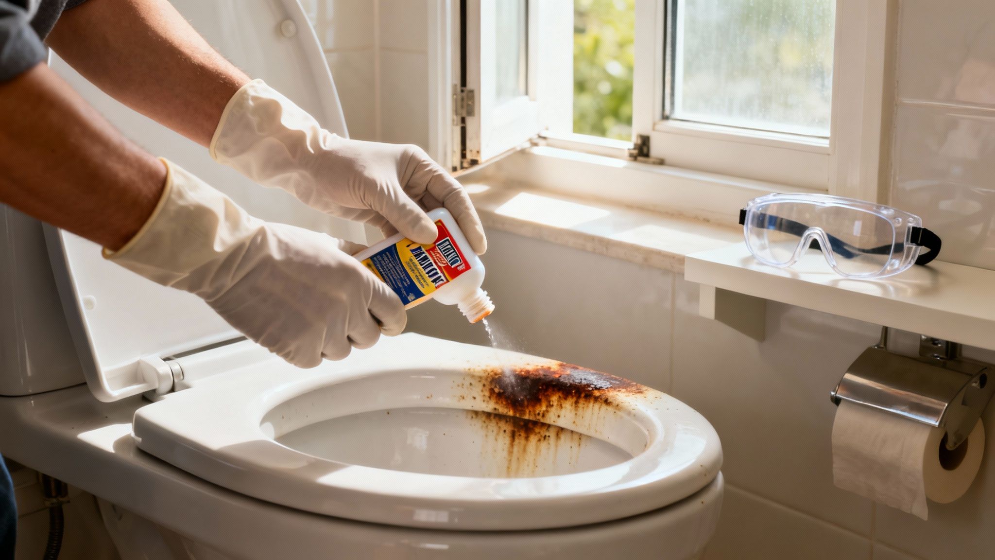 A person wearing protective gloves is pouring a rust-removing cleaner onto a severely stained toilet bowl.
