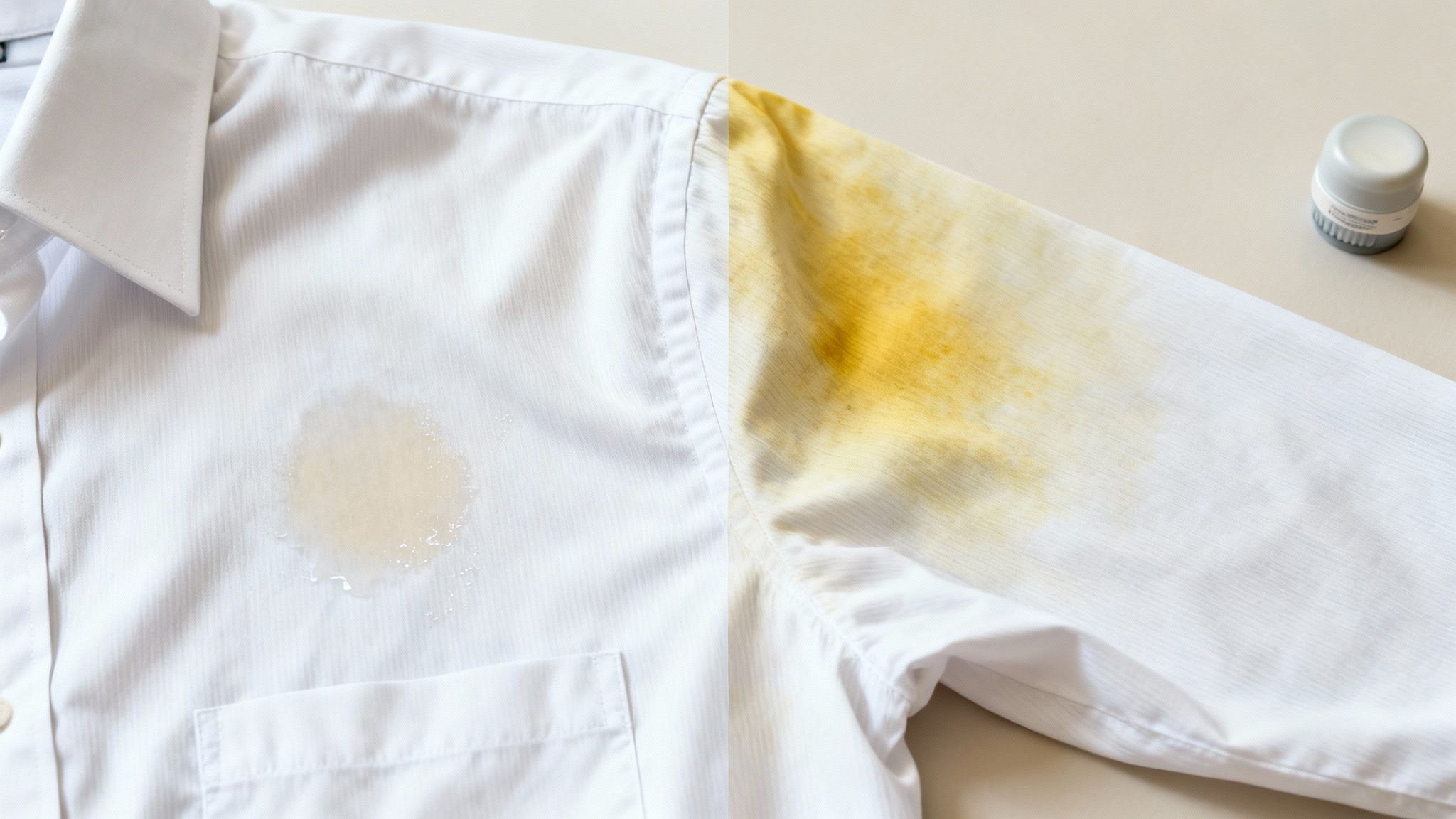 White dress shirt with prominent yellow sweat stains on the armpit and a damp spot on the chest.