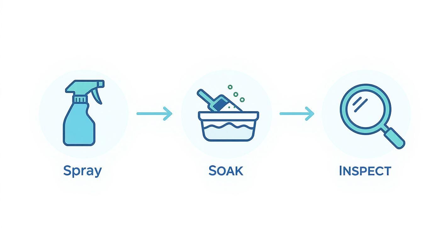 Illustrated three-step cleaning process with icons for spray, soak, and inspect.