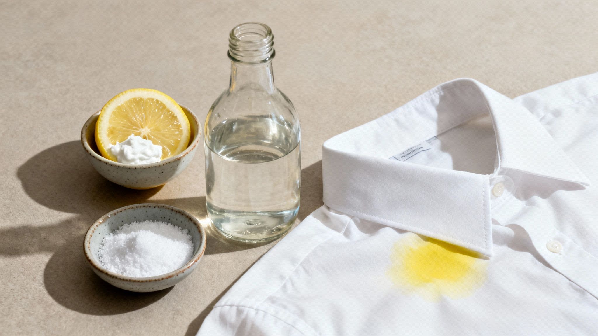 Natural ingredients like lemon, salt, and vinegar for removing a yellow stain from a white shirt.