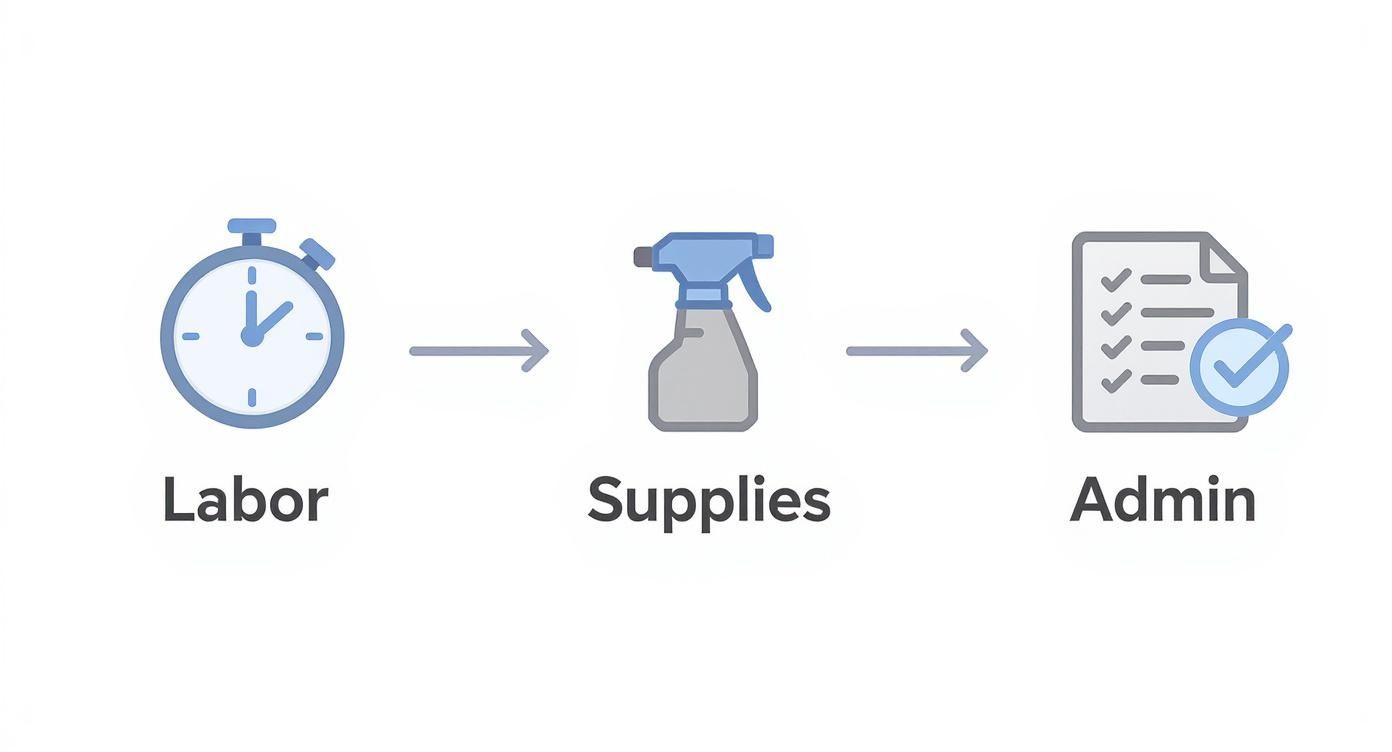 A diagram illustrating the three components of a service fee: labor (stopwatch), supplies (spray bottle), and admin (checklist).