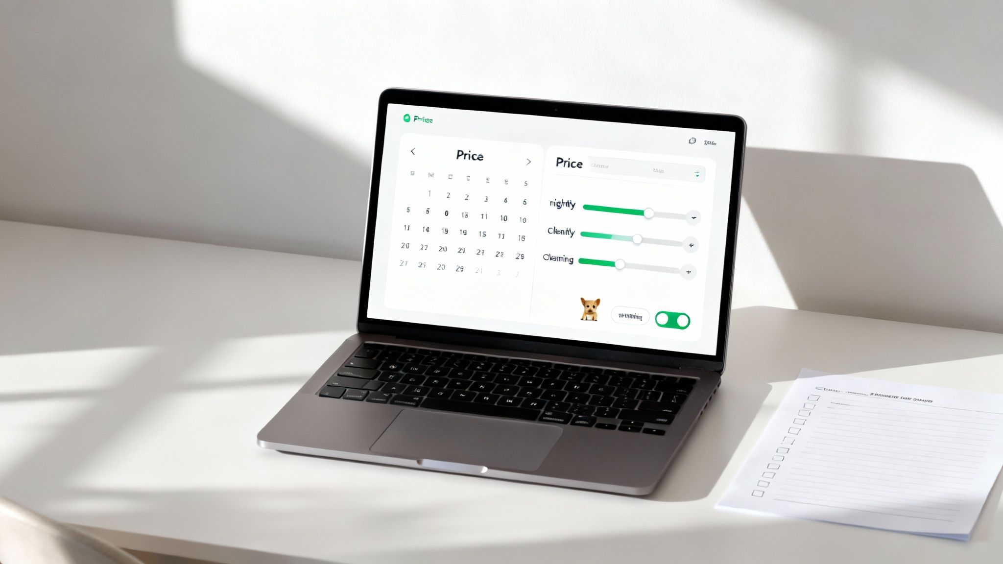 Laptop displaying a calendar and price settings interface with adjustable nightly and cleaning fees.