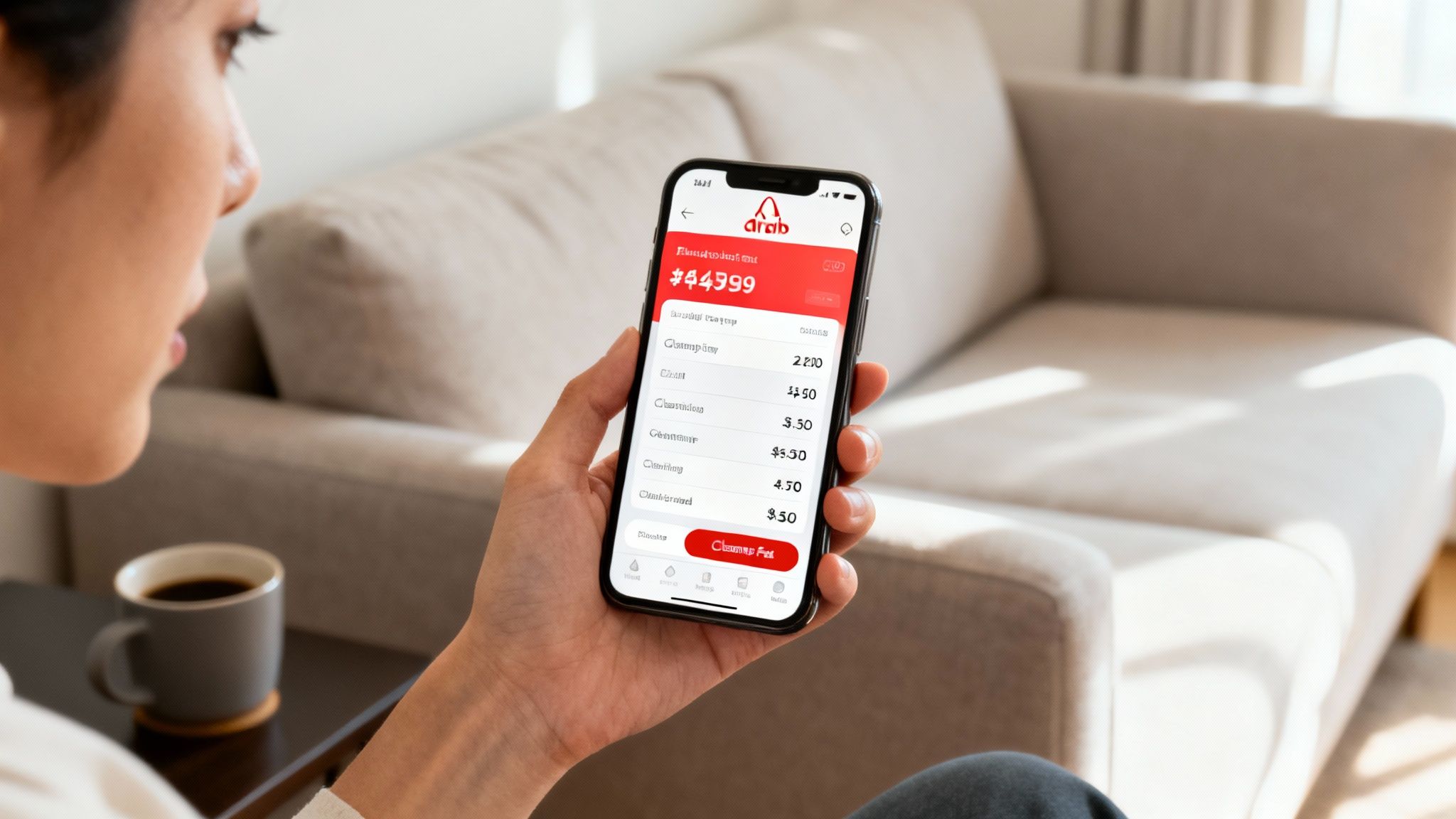 Person holding a smartphone displaying a mobile app with a cleanup fee calculation and prices.