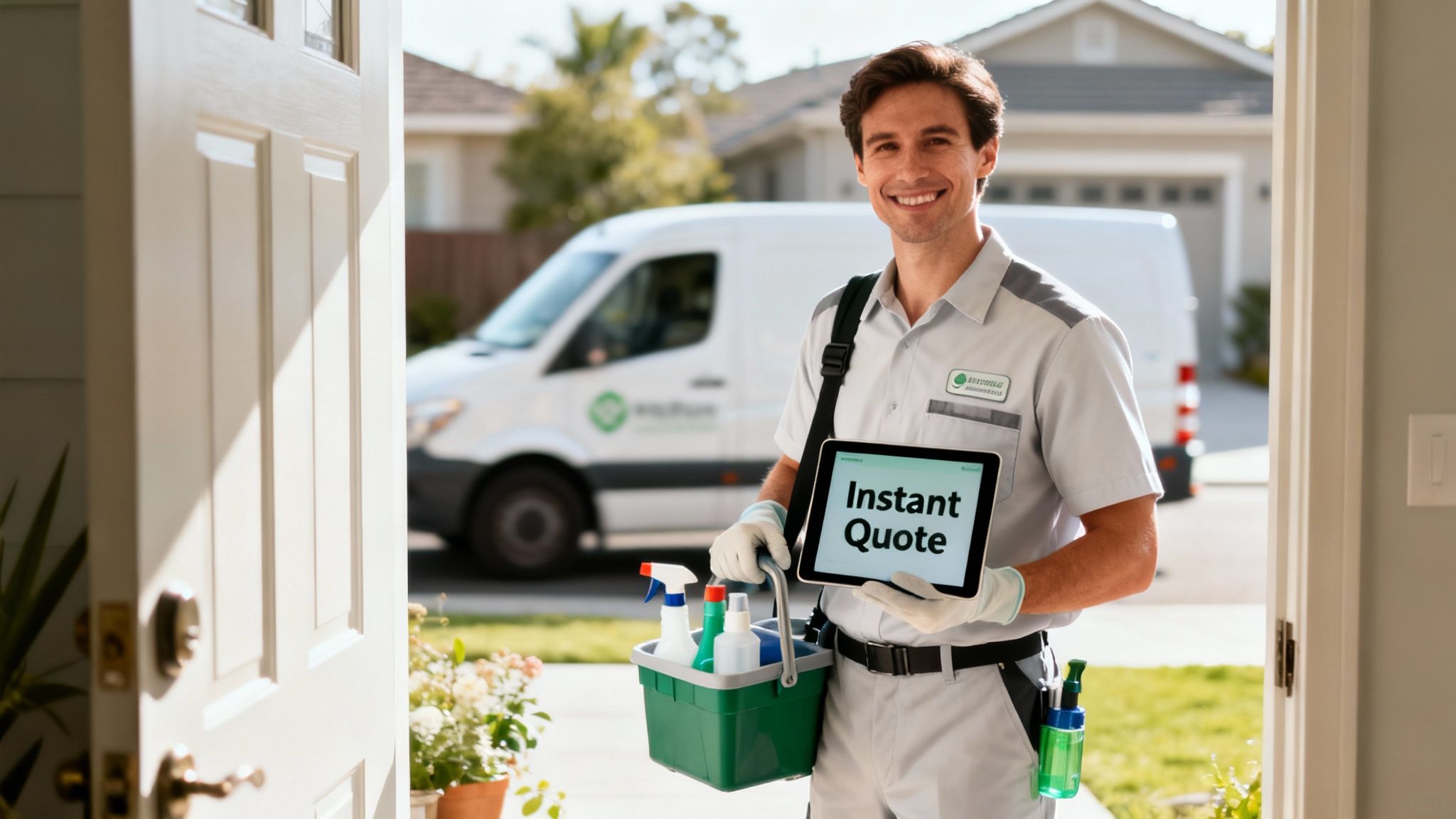A friendly service technician stands at a doorstep, holding a tablet with 'Instant Quote' and cleaning supplies.
